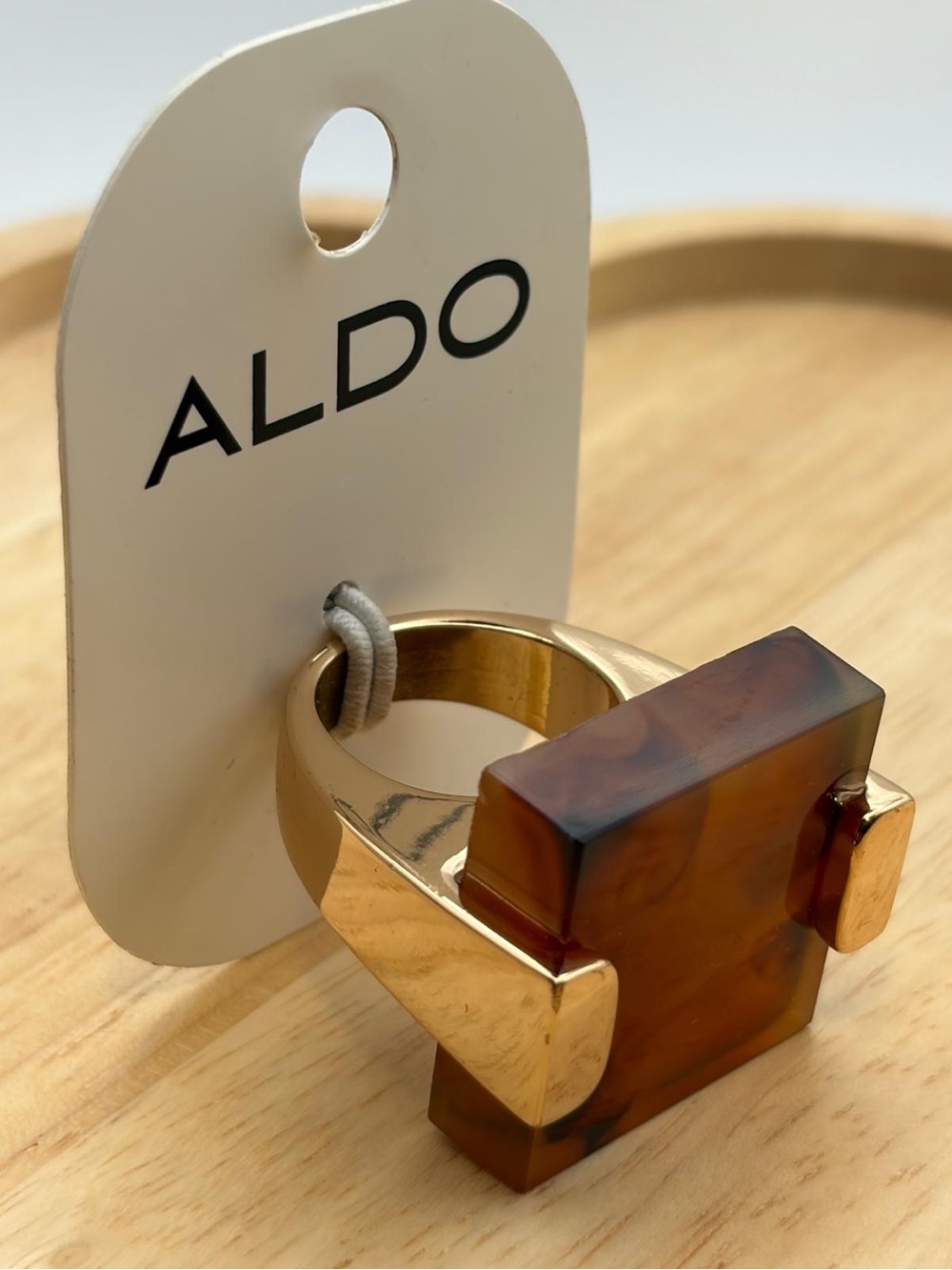 Aldo Gold Ring with Brown Tortoiseshell Block Accent